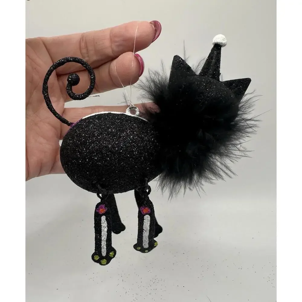Pier 1 Imports Ornament Glitter Black Cat Skeleton for Halloween Tree Rare 4